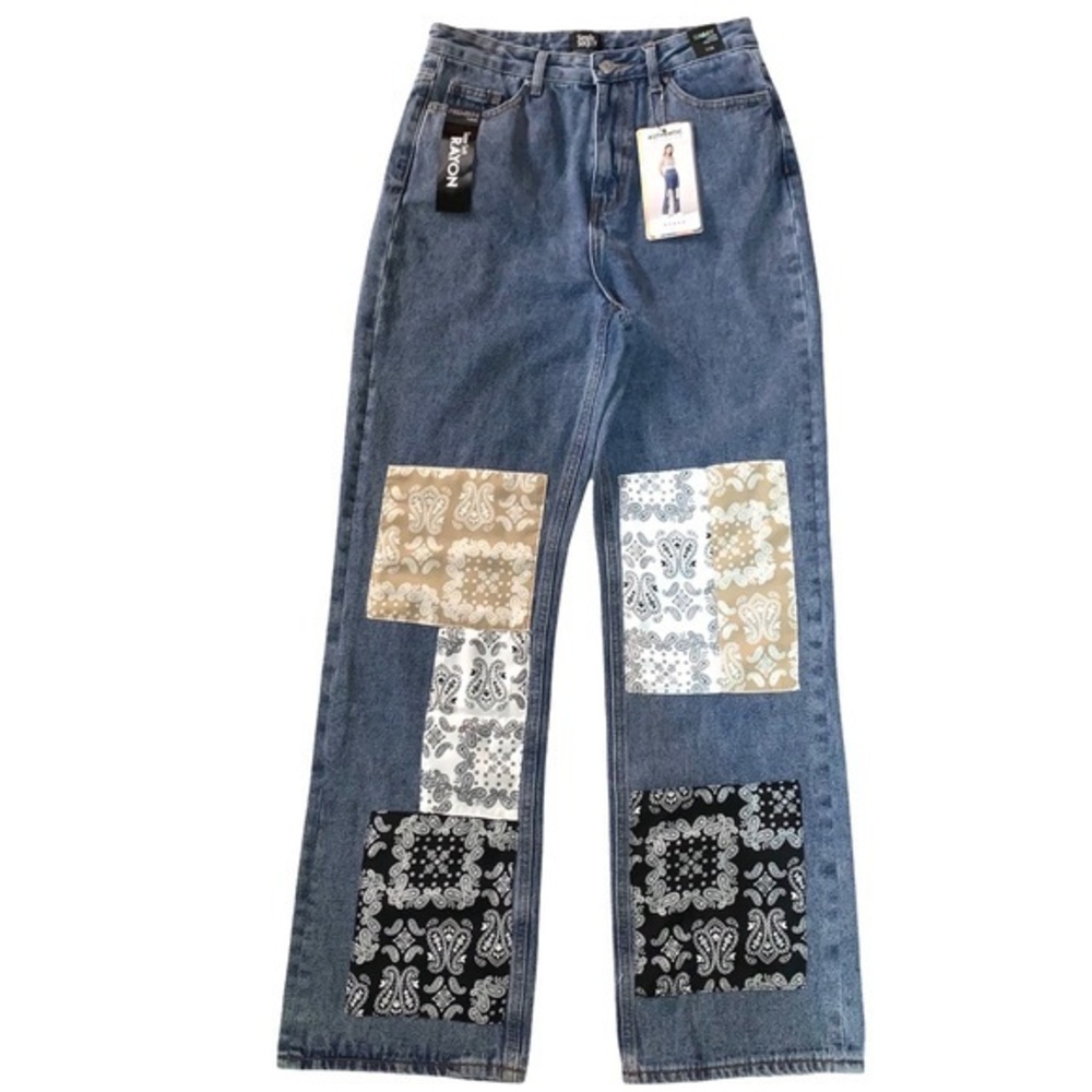 Simple Society sz 7 med blue wash super high rise baggy flared patch front jeans
